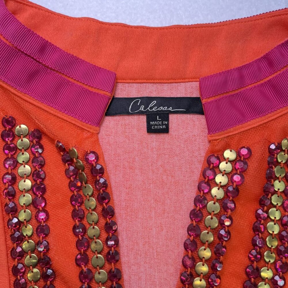 Calessa V neck embellished long sleeve dress tunic orange womens L - Picture 7 of 11